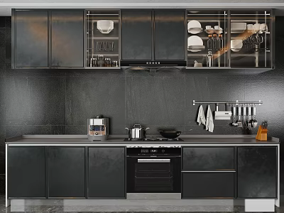 Modern Black Kitchen Cabinets With Glass Doors Countertop And Appliances 3d model
