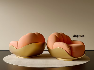 Elegant Modern Single Sofa With Coral Upholstery And Golden Base On Round Rug 3d model