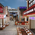 Vibrant Commercial Street With Traditional Chinese Signs Shops And Outdoor Seating