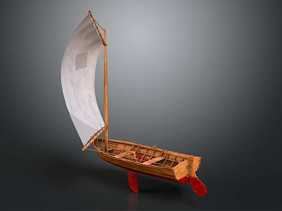 Sailboat Model With Wooden Hull White Sail Red Stand On Gray Background 3d model
