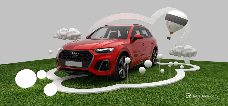 Red Audi SUV on Green Grass with White Decorative Balls Clouds and Hot Air Balloon 3d model 