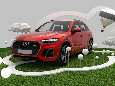 Red Audi SUV on Green Grass with White Decorative Balls Clouds and Hot Air Balloon 3d model