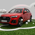 Red Audi SUV on Green Grass with White Decorative Balls Clouds and Hot Air Balloon