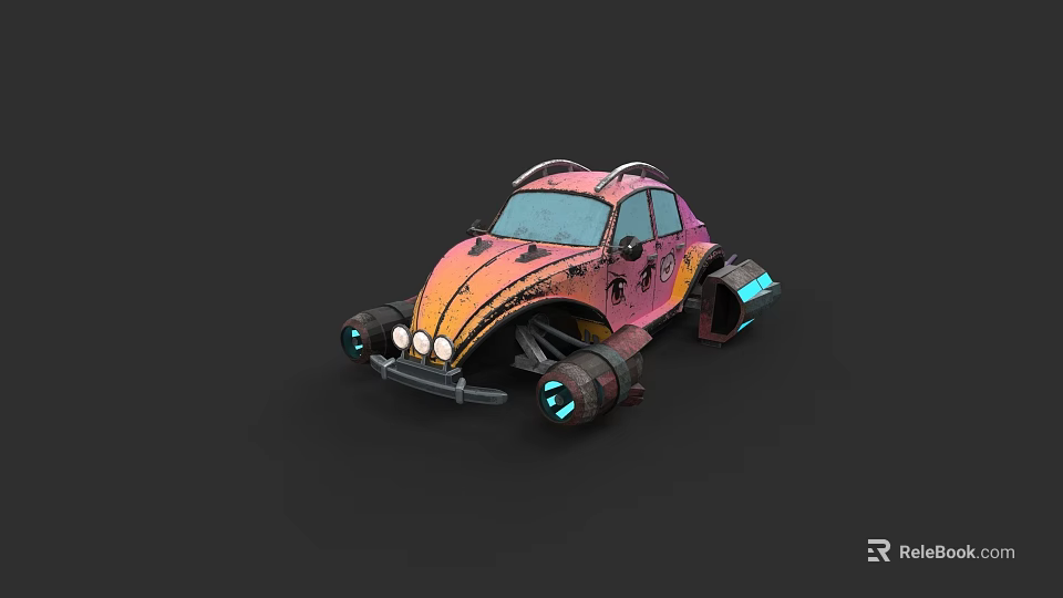 Vintage Style Car With Pink Orange Gradient And Illuminated Blue Wheels 3d model 