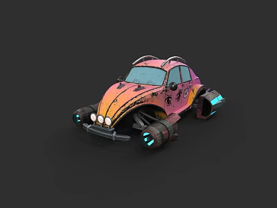 Vintage Style Car With Pink Orange Gradient And Illuminated Blue Wheels 3d model
