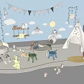 Colorful Kids Playroom with Blue Wall Bunting Flags Teepee Tent Stuffed Animals and Toy Shelf