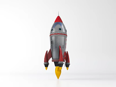 Vintage Rocket Model with Silver Red Body Yellow Flame and Retro Design 3d model