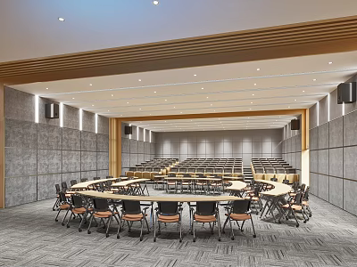 Modern Conference Room Interior With Circular Tables And Chairs 3d model