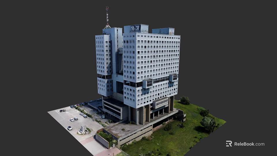 Modern Urban Building Complex With White Facade Numerous Windows Green Space And Parking Area 3d model 