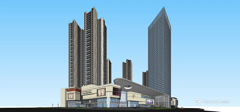 Tall Modern Residential Towers With Commercial Podium Under Blue Sky 3d model 