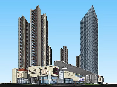 Tall Modern Residential Towers With Commercial Podium Under Blue Sky 3d model