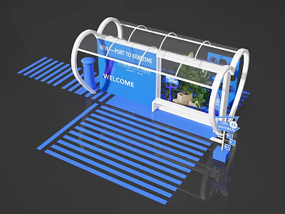 Popular Check-in Photo Spot With Arched Transparent Roof Green Plants And Blue Striped Floor 3d model