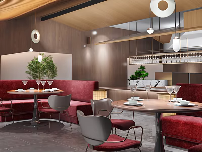 Modern Restaurant Interior Design With Red Banquettes Round Tables Pendant Lights And Wooden Walls 3d model