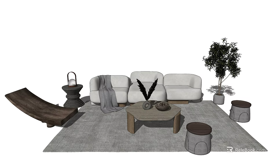 Modern Sofa And Coffee Table Set With Cozy Throw Pillow And Side Stools 3d model