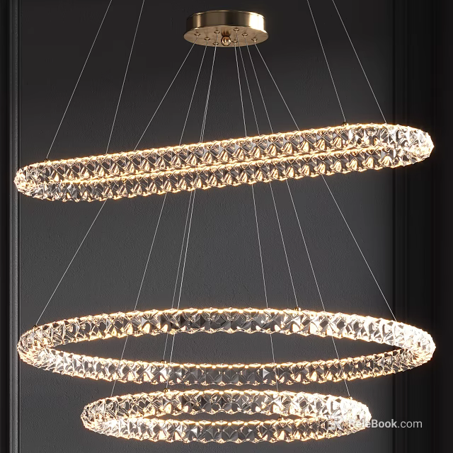 Elegant Double Circular Crystal Chandeliers With Sparkling Crystals Hanging In Modern Interior 3d model 