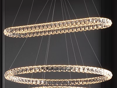 Elegant Double Circular Crystal Chandeliers With Sparkling Crystals Hanging In Modern Interior 3d model