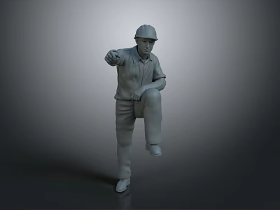 3D Construction Worker Model Wearing Safety Helmet With One Leg Raised And Hand Pointing Forward 3d model