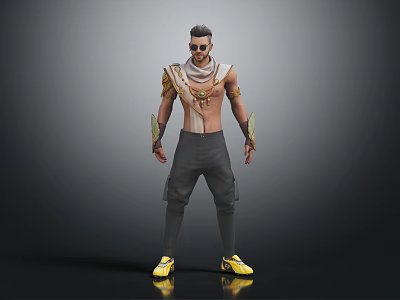 Character With Creature Inspired Elements Shirtless Body Shoulder Armor Sunglasses And Yellow Shoes 3d model