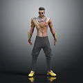 Character With Creature Inspired Elements Shirtless Body Shoulder Armor Sunglasses And Yellow Shoes