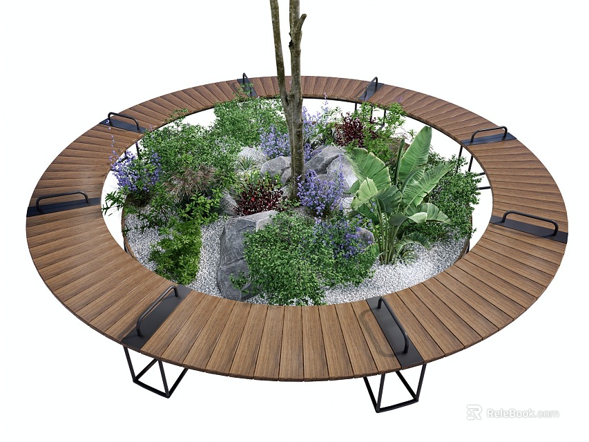 Circular Wooden Tree Pit Design With Black Metal Supports Seating Green Plants Stones And Gravel 3d model 