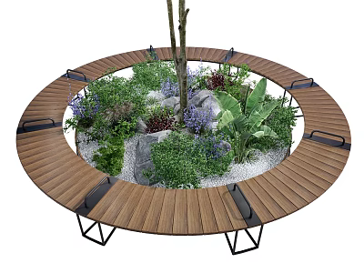 Circular Wooden Tree Pit Design With Black Metal Supports Seating Green Plants Stones And Gravel 3d model
