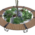 Circular Wooden Tree Pit Design With Black Metal Supports Seating Green Plants Stones And Gravel