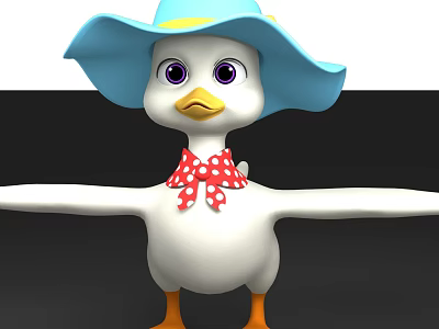 Cute Cartoon Flying Duck With Blue Hat Red Polka Dot Bowtie And Orange Feet 3d model