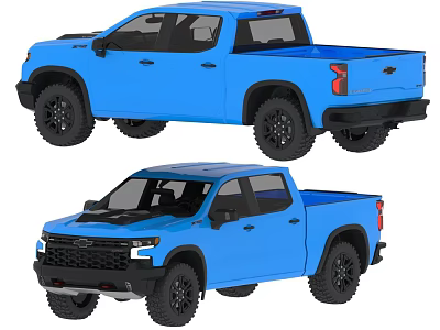 Two Blue Pickup Trucks With Double Cab Design And Black Off-Road Tires 3d model