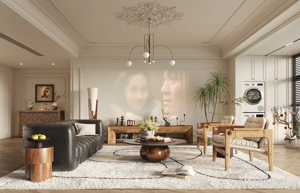 Elegant Living Room Design With Chandelier Leather Sofa Projection Green Plant And Wooden Coffee Table 3d model 