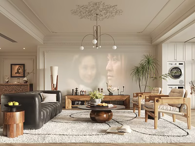 Elegant Living Room Design With Chandelier Leather Sofa Projection Green Plant And Wooden Coffee Table 3d model