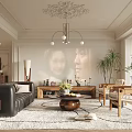 Elegant Living Room Design With Chandelier Leather Sofa Projection Green Plant And Wooden Coffee Table