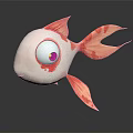 Pink And White Cartoon Fish With Big Eyes Red Fins And Tail On Dark Background