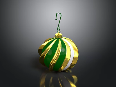 Shiny Green And Gold Striped Christmas Ornament With Hanger On Black Surface 3d model