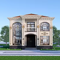 European Style Detached Villa Beige Exterior Red Roof Arched Windows With Green Trees And Lawn