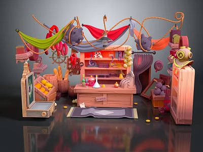Cartoon Shop Scene with Hammocks Hanging Scissors Shelves Bottles Bread Fruits Table Rug and Coins 3d model
