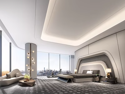 Hotel Guest Room Modern Design with Large Windows City View Bed Sofa Circular Column Lighting 3d model