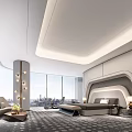 Hotel Guest Room Modern Design with Large Windows City View Bed Sofa Circular Column Lighting