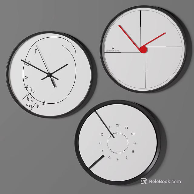 Modern Wall Decor Featuring Three Stylish Wall Clocks With Unique Designs 3d model 