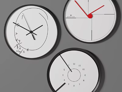 Modern Wall Decor Featuring Three Stylish Wall Clocks With Unique Designs 3d model