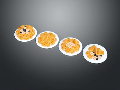 Fresh Plant Based Fruits Topped Waffles In Various Flower Shapes On Plates 3d model