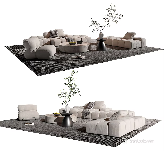 Modern Sofa Coffee Table Set With Round Table Plants Rug And Soft Cushions 3d model 