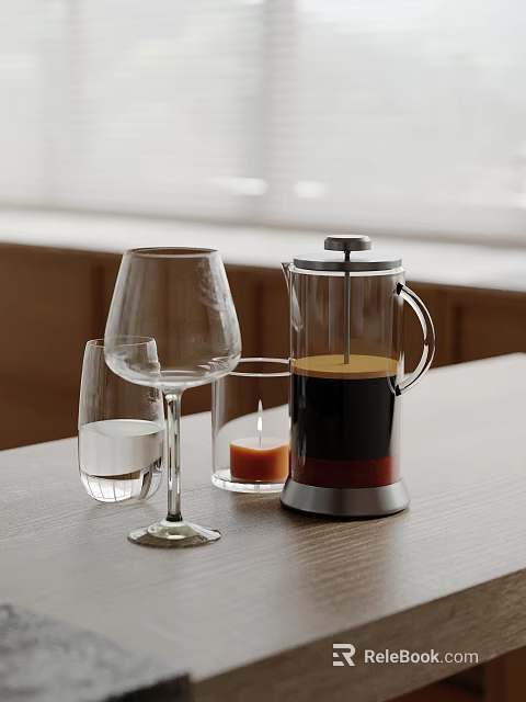 Elegant Tableware Set With French Press Glasses And Candle On Table 3d model 