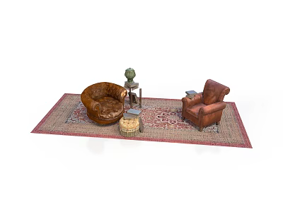 Living Room Interior With Brown Leather Sofa Armchair Rug Side Table Vase And Small Stool 3d model