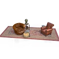 Living Room Interior With Brown Leather Sofa Armchair Rug Side Table Vase And Small Stool