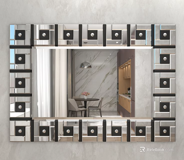 Geometric Pattern Black Silver Frame Mirror Reflecting Dining Table Chairs Marble Wall Kitchen Cabinets 3d model