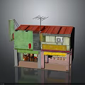 Vibrant Two Story Building Featuring Green Wall Red Roof Yellow Awning And Antenna