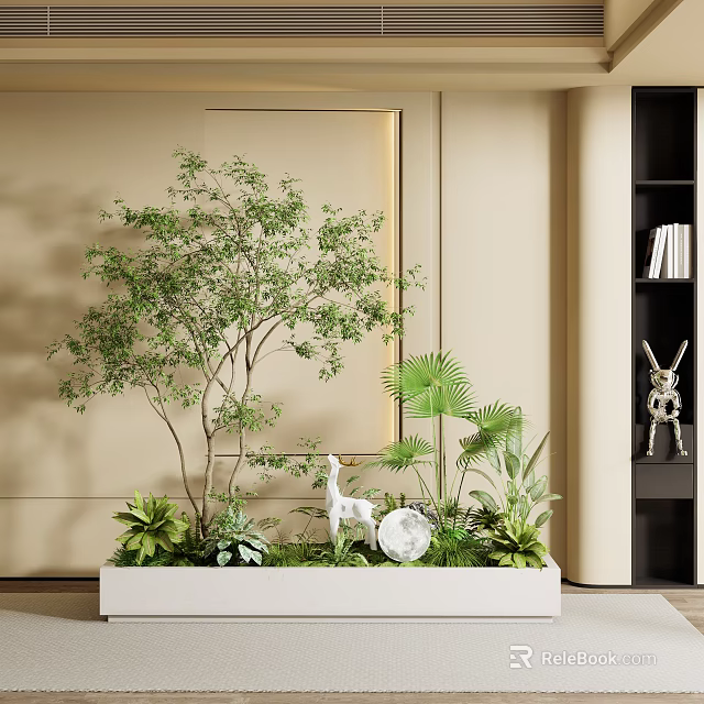 Bonsai Potted Plant with Mixed Greenery and White Animal Ornaments in White Rectangular Indoor Planter 3d model 