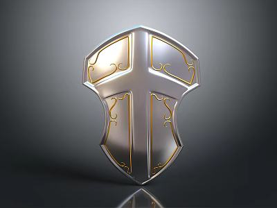 Silver Gold Ornate Shield With Cross Design And Metallic Shiny Texture 3d model
