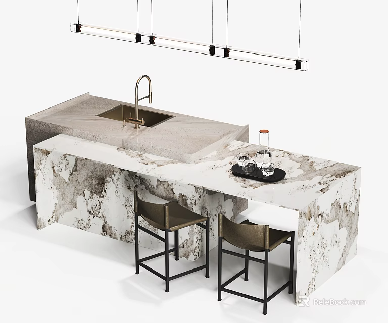 Modern Dining Table Set With Marble Countertop Bar Stools And Pendant Lights 3d model 