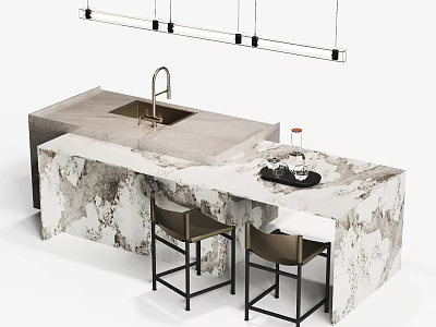 Modern Dining Table Set With Marble Countertop Bar Stools And Pendant Lights 3d model